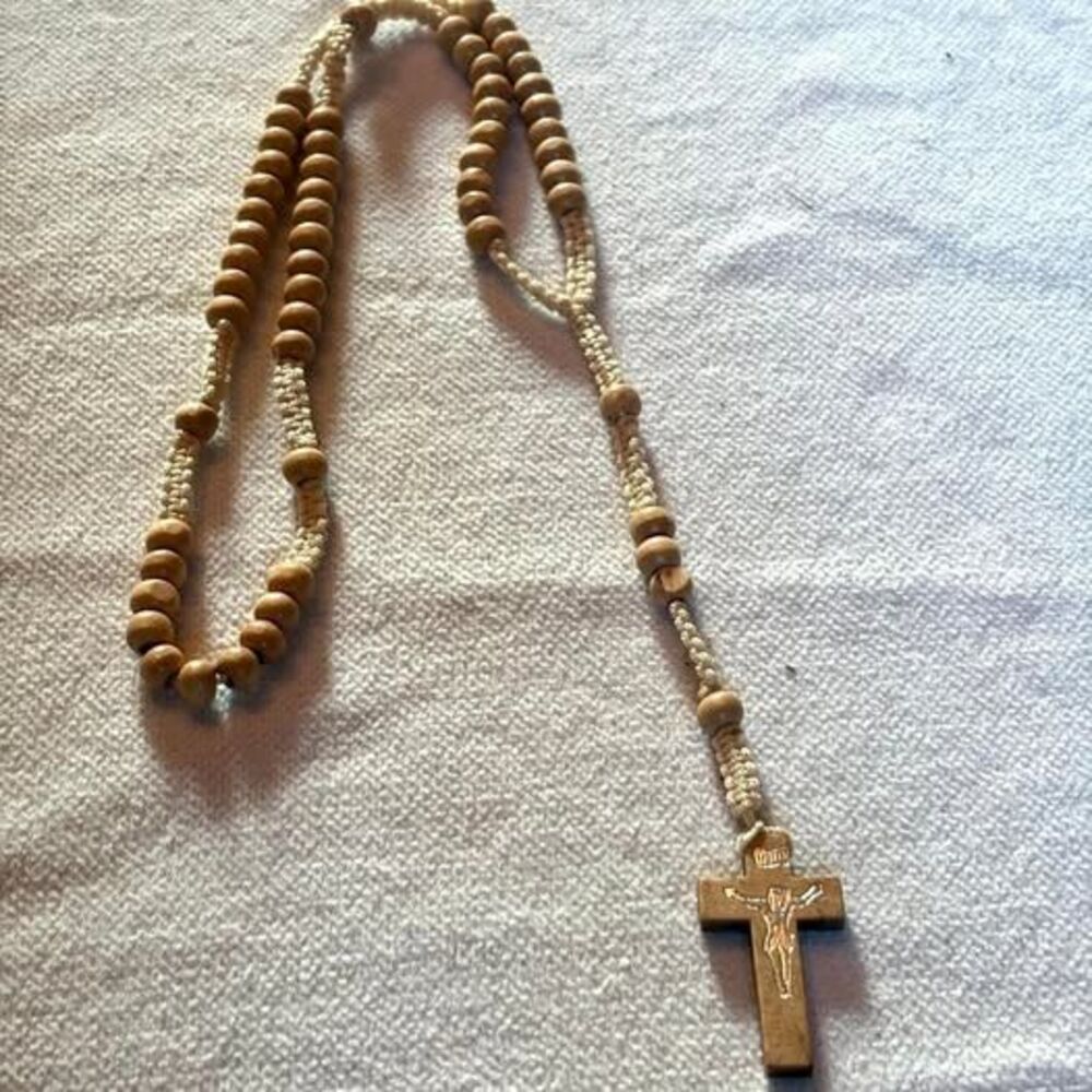 beautiful light wood rosary necklace